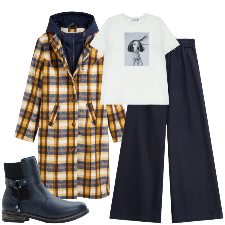 Outfit donna - Un caldo cappotto. Stile Glamour per Tutti i giorni. Abbinamento con cappotti, stivaletti chelsea, t-shirt, jeans.