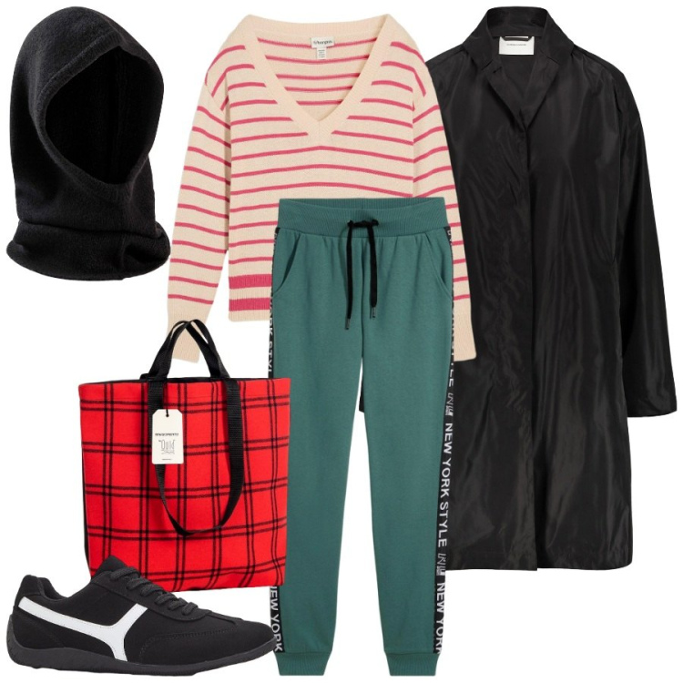 Outfit donna - Balaclava in città. Stile Sporty chic per Tutti i giorni. Abbinamento con cappelli e berretti, maglieria, sneakers, pantaloni, borse tote, trench.