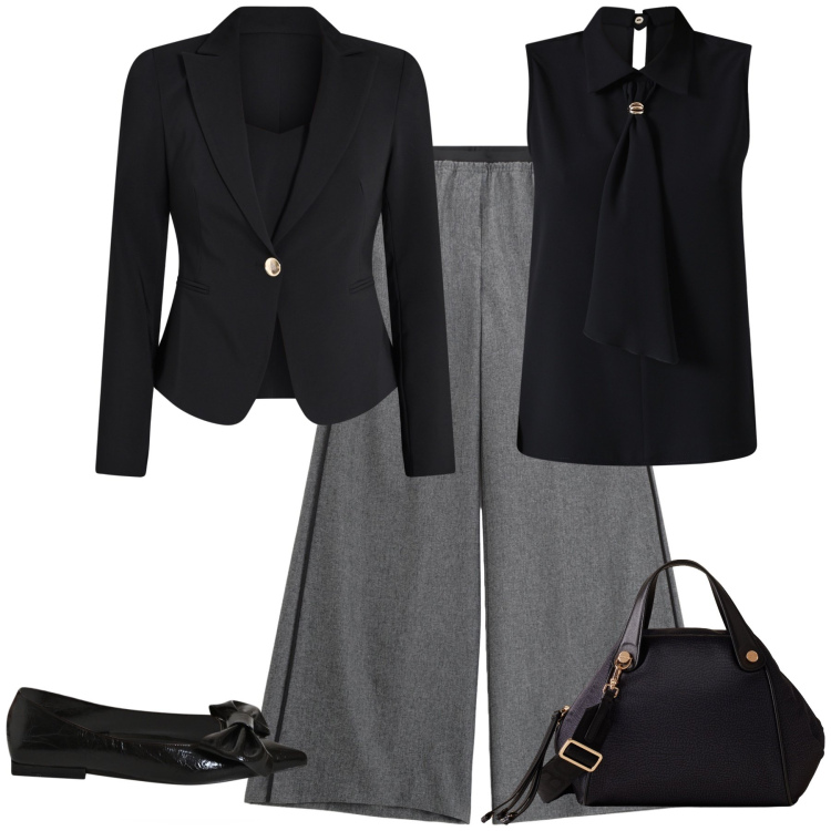 Outfit donna - Eleganti e con stile. Stile Glamour per Serata fuori. Abbinamento con blazer, ballerine, top, pantaloni, borse a mano.