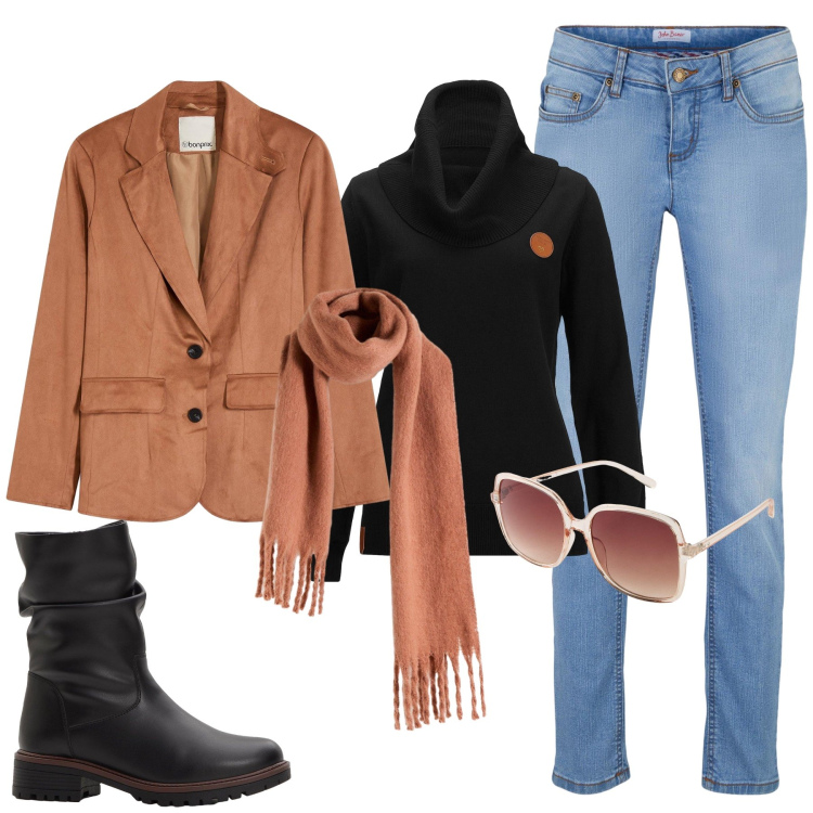 Outfit donna - Passeggiata in centro. Stile Urban per Tutti i giorni. Abbinamento con occhiali da sole, jeans skinny, blazer, stivali, sciarpe, maglieria.