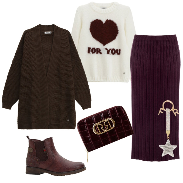 Outfit donna - Il pullover. Stile Casual chic per Tutti i giorni. Abbinamento con stivaletti chelsea, pullovers, cardigans, portafogli, gonne longuette, portachiavi.