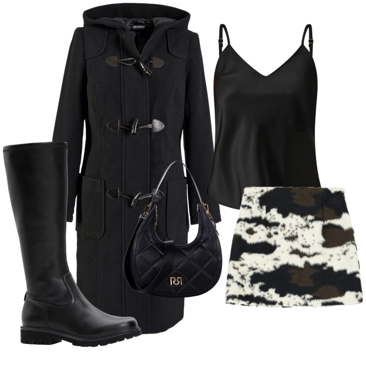 Outfit donna - La gonna pezzata. Stile Glamour per Serata fuori. Abbinamento con montgomery, stivali, top, borse a tracolla, minigonne.