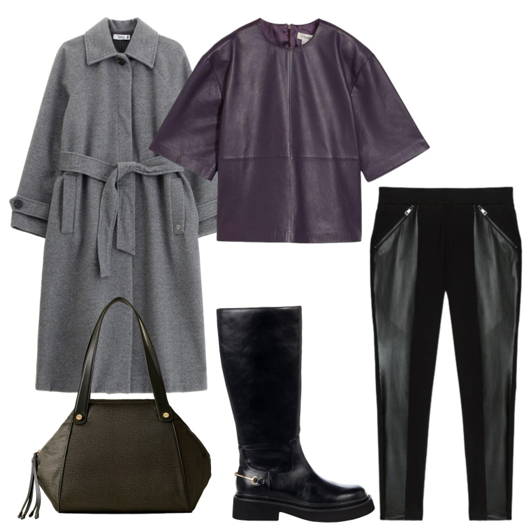 Outfit donna - Urban Autumn Vibes. Stile Urban per Ufficio. Abbinamento con tuniche, stivali sopra il ginocchio, cappotti, shopping bag, leggings.