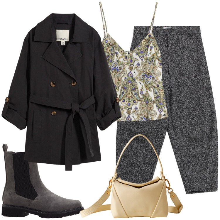 Outfit donna - Un outfit in movimento. Stile Glamour per Serata fuori. Abbinamento con trench, stivaletti chelsea, top, pantaloni, borse a spalla.