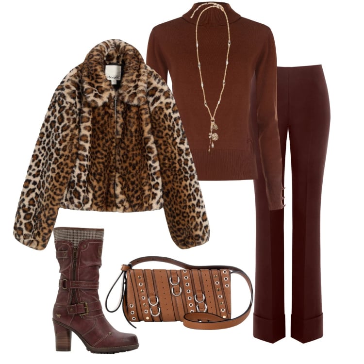 Outfit donna - La giacca animalier. Stile Chic per Serata fuori. Abbinamento con stivali, ecopellicce, borse a spalla, pantaloni skinny, maglieria, ciondoli.