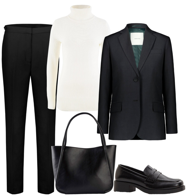 Outfit donna - Mannish. Stile Mannish per Tutti i giorni. Abbinamento con maglieria, shopping bag, mocassini, pantaloni chino, blazer.