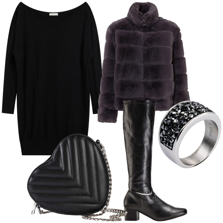 Outfit donna - Halloween in love. Stile Romantica per Serata fuori. Abbinamento con borse a tracolla, stivali, anelli, ecopellicce, vestiti asimmetrici.