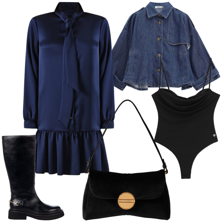 Outfit donna - Notte blu. Stile Bon Ton per Serata fuori. Abbinamento con blazer, body, borse a tracolla, vestiti chemisier, stivali sopra il ginocchio.