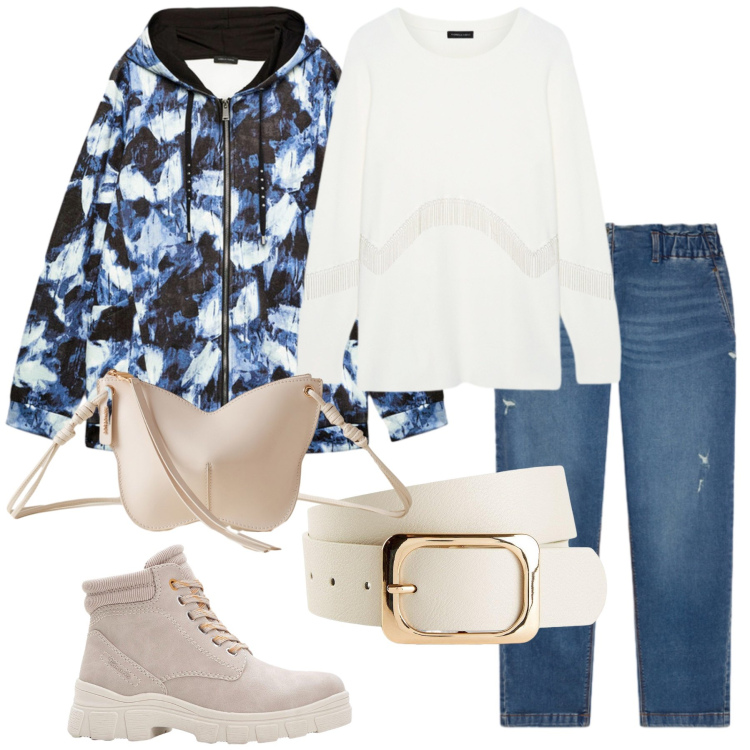 Outfit donna - Total look #2276274. Stile Casual per Tutti i giorni. Abbinamento con cinture, stivaletti, borse a tracolla, jeans strappati, felpe con cappuccio, maglieria.