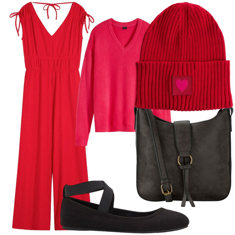 Outfit donna - Il rosso ravvivante. Stile Trendy per Tutti i giorni. Abbinamento con borse a tracolla, ballerine, maglieria, tute, berretti.