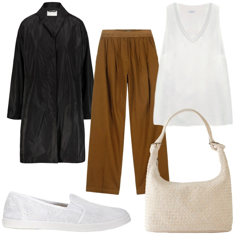 Outfit donna - Total look #2276276. Stile Trendy per Tutti i giorni. Abbinamento con ballerine, shopping bag, pantaloni, trench, top.