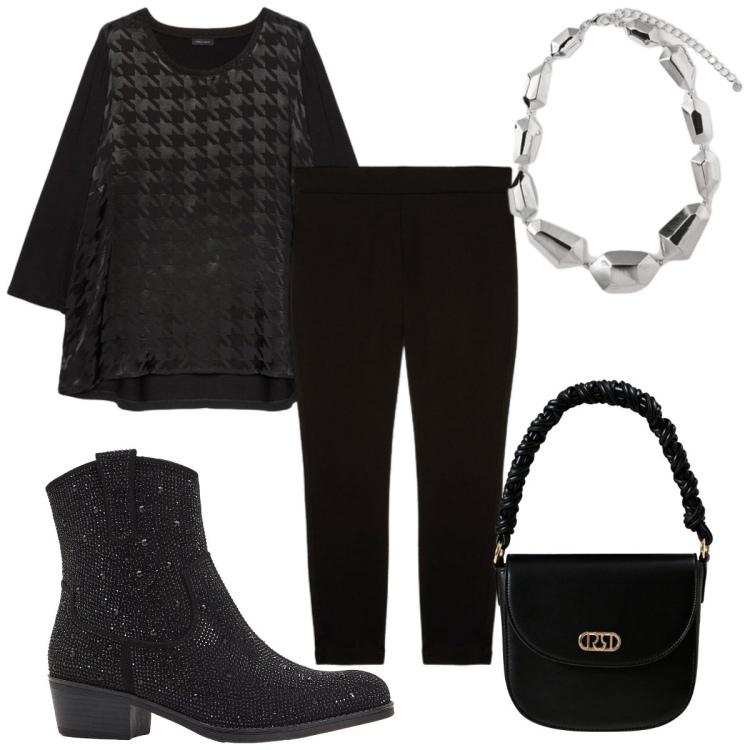 Outfit donna - Total look #2276278. Stile Trendy per Serata fuori. Abbinamento con stivaletti texani, borse a mano, bluse, ciondoli, leggings.