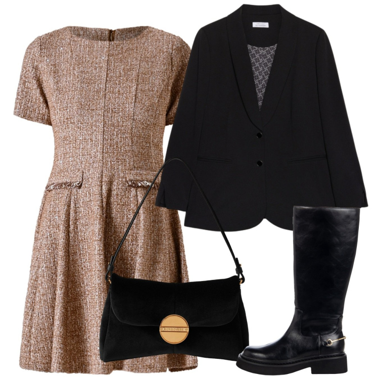 Outfit donna - Ottobre. Stile Bon Ton per Ufficio. Abbinamento con vestiti corti, stivali sopra il ginocchio, borse a tracolla, blazer.