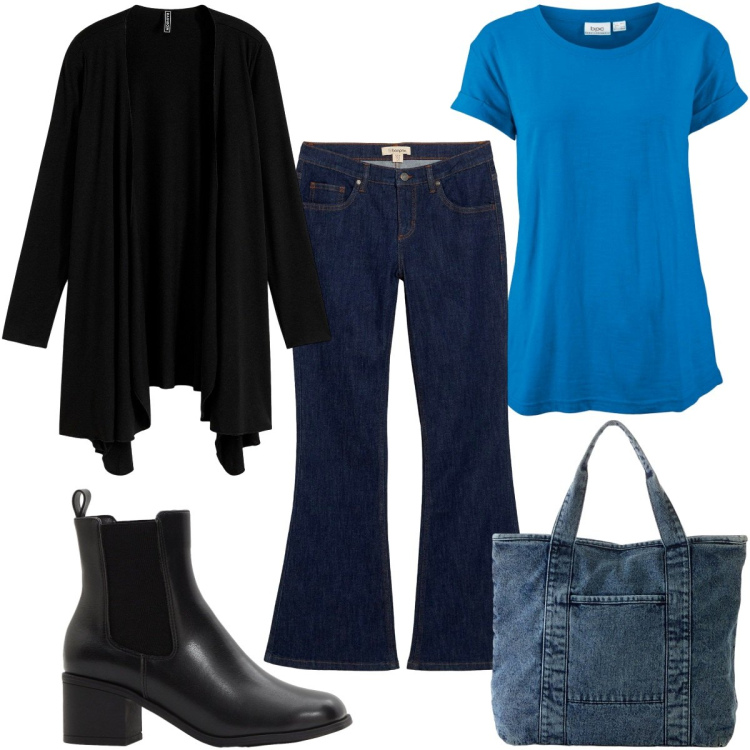 Outfit donna - Total look #2276280. Stile 70s per Tutti i giorni. Abbinamento con cardigans, t-shirt, shopping bag, jeans a zampa, stivaletti.