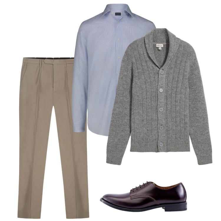 Outfit uomo - Ottobre. Stile Casual per Tutti i giorni. Abbinamento con cardigans, scarpe stringate, camicie, pantaloni.