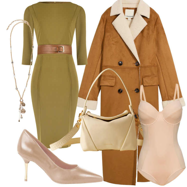 Outfit donna - Total look. Stile Chic per Ufficio. Abbinamento con body, cappotti, vestiti a tubino, décolleté, borse a spalla, ciondoli.