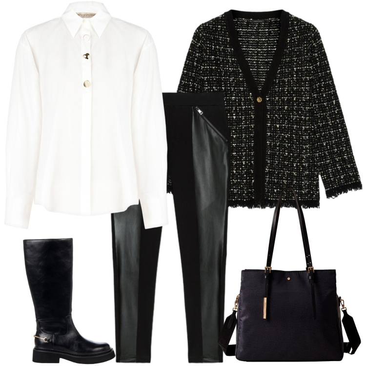 Outfit donna - Total look #2276288. Stile Casual chic per Tutti i giorni. Abbinamento con camicie, stivali sopra il ginocchio, shopping bag, leggings, cardigans.