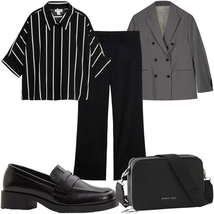 Outfit donna - Total look #2276291. Stile Mannish per Ufficio. Abbinamento con pantaloni, camicie a manica corta, borse a tracolla, mocassini, blazer.