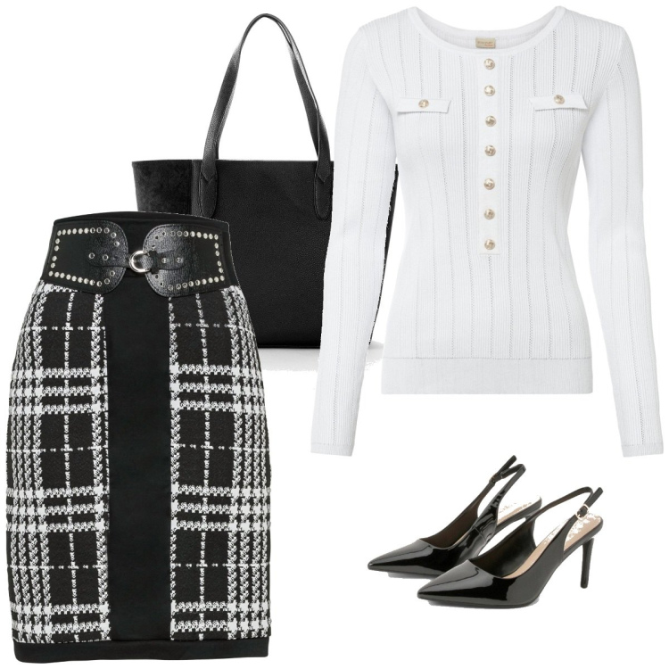 Outfit femme - Retro au travail. Style Vintage rétro pour Bureau. Assortir avec sac cabas, robes, pulls, chaussures à talon.