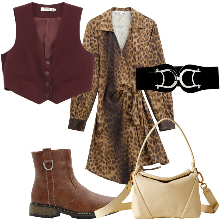 Outfit donna - Total look #2276295. Stile Trendy per Tutti i giorni. Abbinamento con cinture, stivaletti, vestiti corti, gilet, borse a spalla.