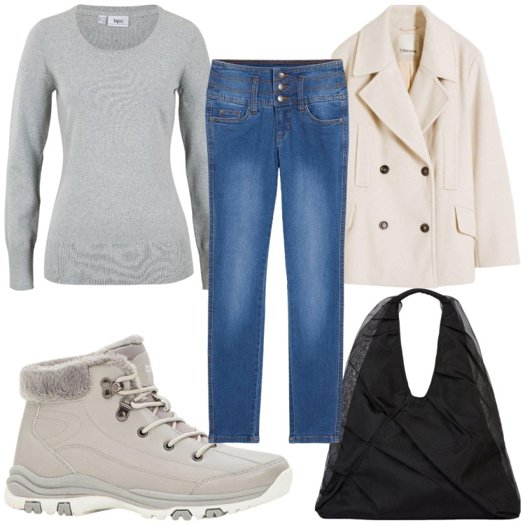 Outfit donna - Total look #2276299. Stile Casual per Tutti i giorni. Abbinamento con maglieria, caban, stivaletti, jeans, shopping bag.