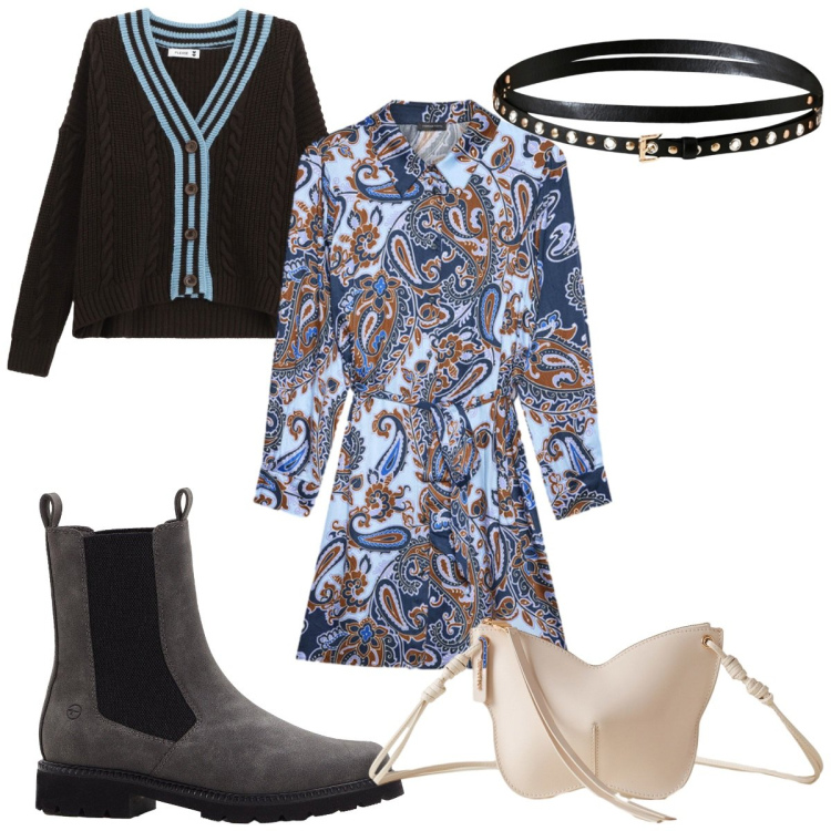 Outfit donna - Total look #2276300. Stile Boho per Tutti i giorni. Abbinamento con stivaletti chelsea, cinture, cardigans, borse a tracolla, vestiti chemisier.