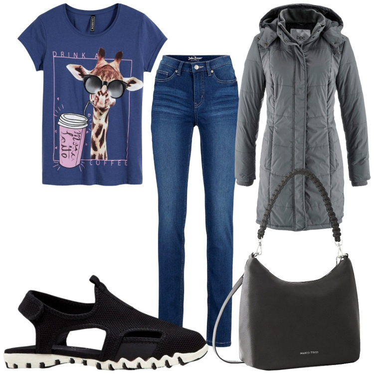 Outfit donna - Total look #2276301. Stile Trendy per Tutti i giorni. Abbinamento con jeans slim fit, t-shirt, giacche, sandali, borse a mano.