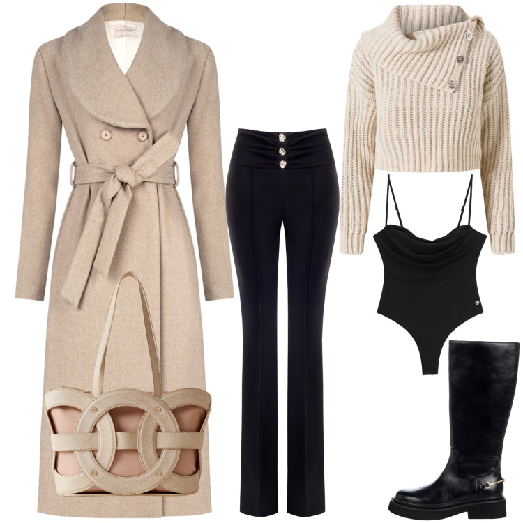 Outfit donna - Beige e nero. Stile Casual chic per Tutti i giorni. Abbinamento con maglieria, cappotti, stivali sopra il ginocchio, pantaloni, body, shopping bag.