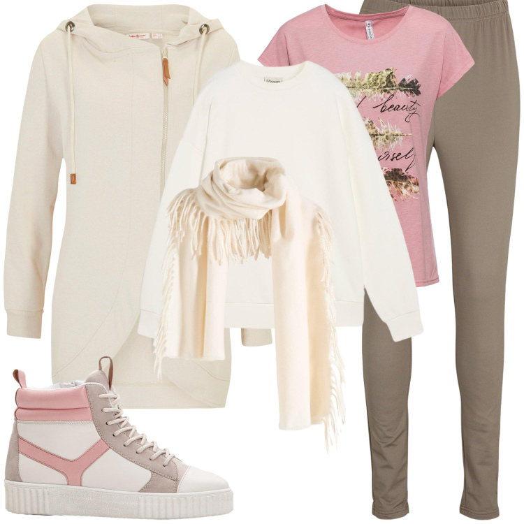 Outfit donna - Dolci colori. Stile Sporty chic per Tutti i giorni. Abbinamento con blazer, t-shirt, leggings, sneakers alte, sciarpe, felpe.