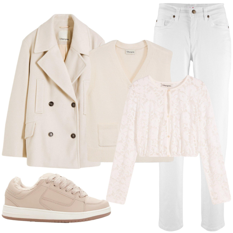 Outfit donna - Un tenue cipria. Stile Casual chic per Tutti i giorni. Abbinamento con caban, jeans mom, camicie, sneakers, maglieria.