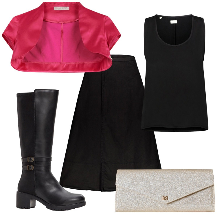 Outfit donna - Total look #2276320. Stile Trendy per Serata fuori. Abbinamento con stivali, bolero, pochette, gonne lunghe, top.
