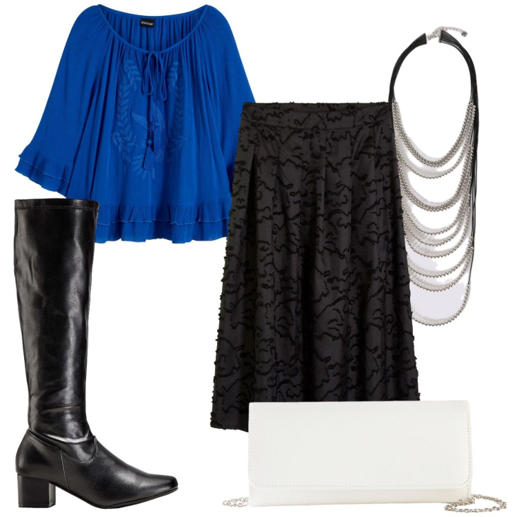 Outfit donna - Total look #2276325. Stile Glamour per Serata fuori. Abbinamento con stivali, tuniche, pochette, gonne longuette, collane.