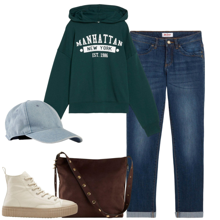 Outfit donna - Ottobre. Stile Casual per Tutti i giorni. Abbinamento con jeans dritti, cappelli con visiera, sneakers alte, felpe con cappuccio, shopping bag.