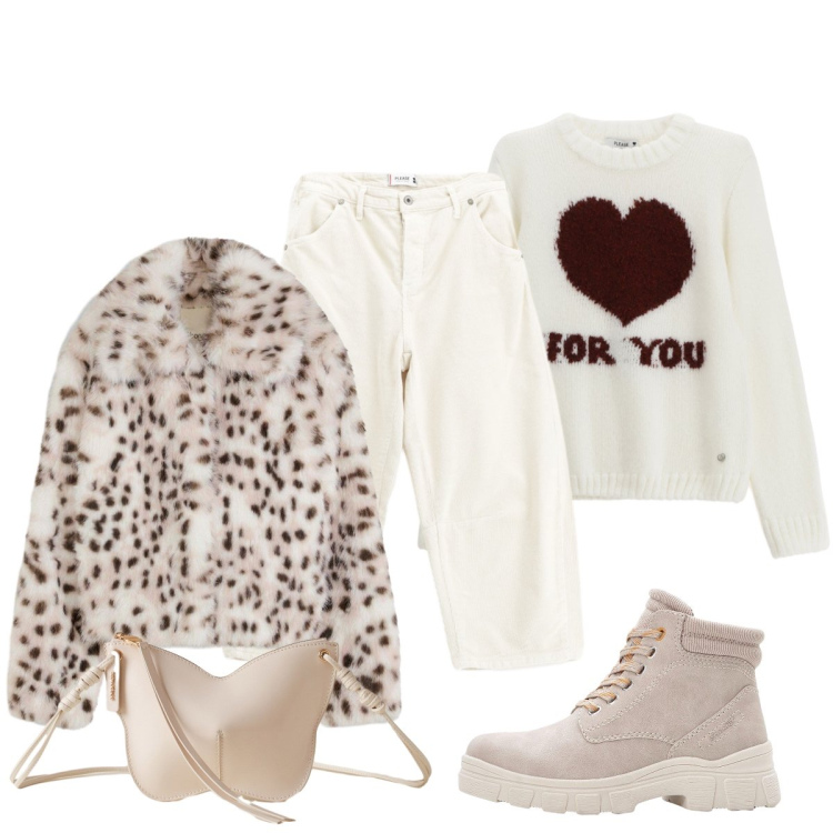 Outfit donna - Weekend-end in montagna. Stile Casual chic per Tutti i giorni. Abbinamento con stivaletti, ecopellicce, pullovers, pantaloni, borse a tracolla.