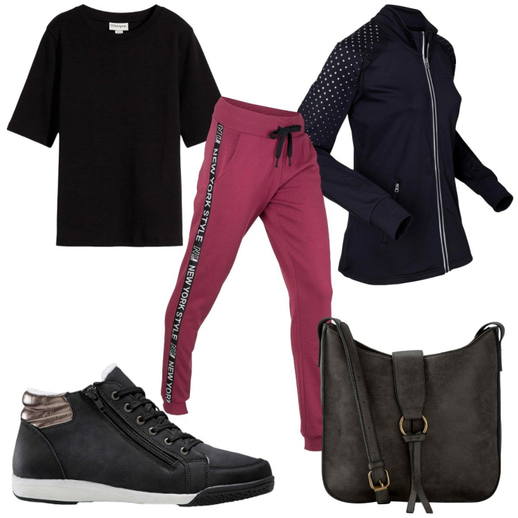 Outfit donna - Total look #2276332. Stile Basic per Sport. Abbinamento con giacche sportive, sneakers alte, pantaloni, t-shirt, borse a tracolla.