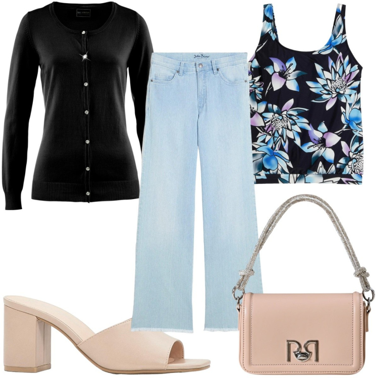 Outfit donna - Total look #2276335. Stile 70s per Tutti i giorni. Abbinamento con cardigans, jeans, top, sandali col tacco, borse a mano.