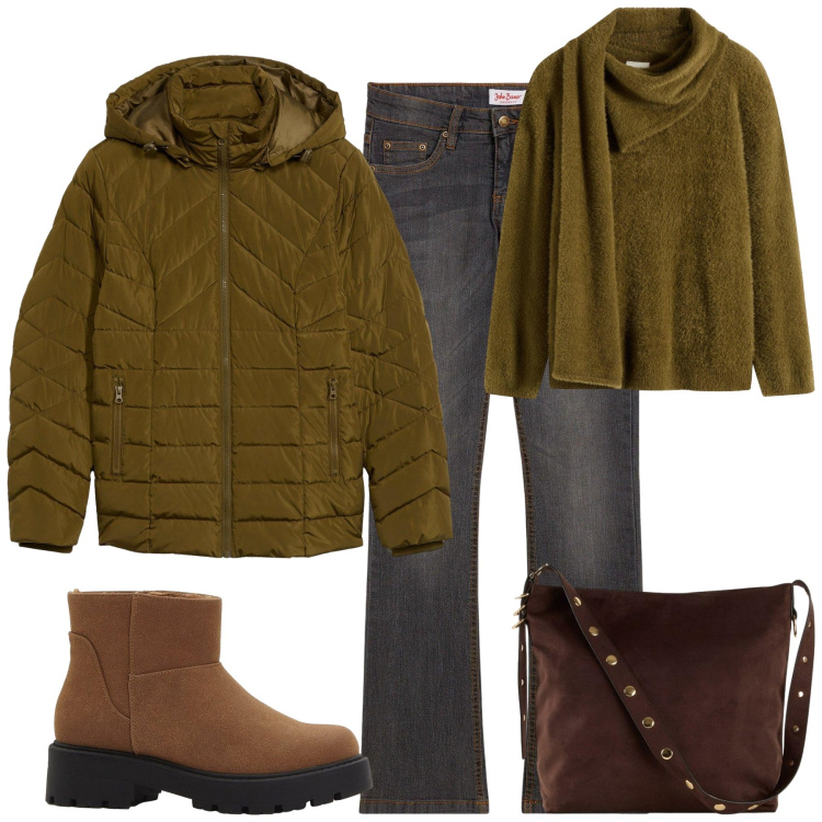 Outfit donna - Total look #2276355. Stile Casual per Tutti i giorni. Abbinamento con jeans bootcut, maglieria, stivaletti, shopping bag, giacche.