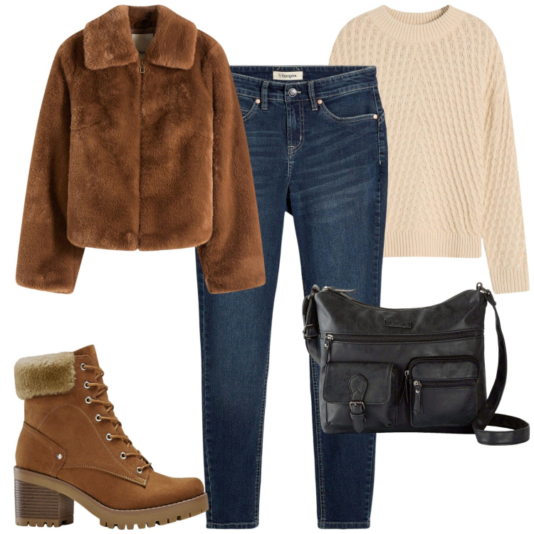 Outfit donna - Ottobre. Stile Casual per Tutti i giorni. Abbinamento con jeans skinny, ecopellicce, borse a tracolla, stivaletti, maglieria.