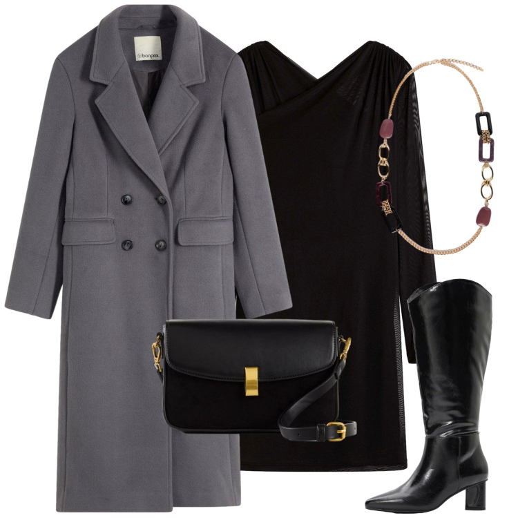 Outfit donna - City. Stile Urban per Tutti i giorni. Abbinamento con cappotti, vestiti, borse a mano, stivali, collane.