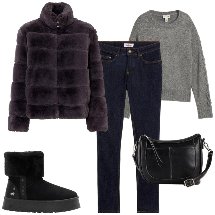 Outfit donna - Total look #2276359. Stile Casual per Tutti i giorni. Abbinamento con maglieria, jeans skinny, ecopellicce, stivaletti, borse a tracolla.