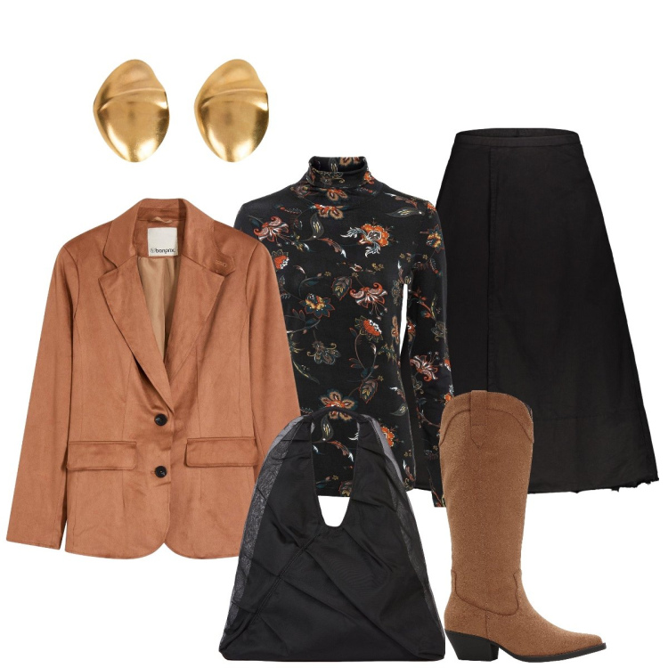 Outfit donna - Apericena…. Stile Minimal per Serata fuori. Abbinamento con maglieria, stivali, blazer, gonne lunghe, shopping bag, orecchini.