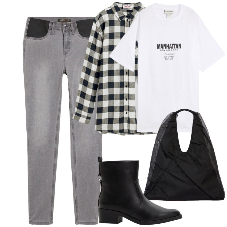 Outfit donna - Ottobre. Stile Casual per Tutti i giorni. Abbinamento con t-shirt, camicie, stivaletti, jeans skinny, shopping bag.