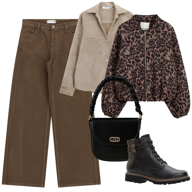 Outfit donna - Total look #2276363. Stile Casual per Tutti i giorni. Abbinamento con bomber, stivaletti, borse a mano, camicie, pantaloni a palazzo.