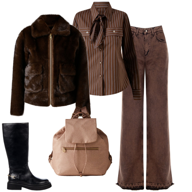 Outfit donna - Ottobre. Stile Casual chic per Tutti i giorni. Abbinamento con ecopellicce, jeans dritti, stivali sopra il ginocchio, camicie, zaini.