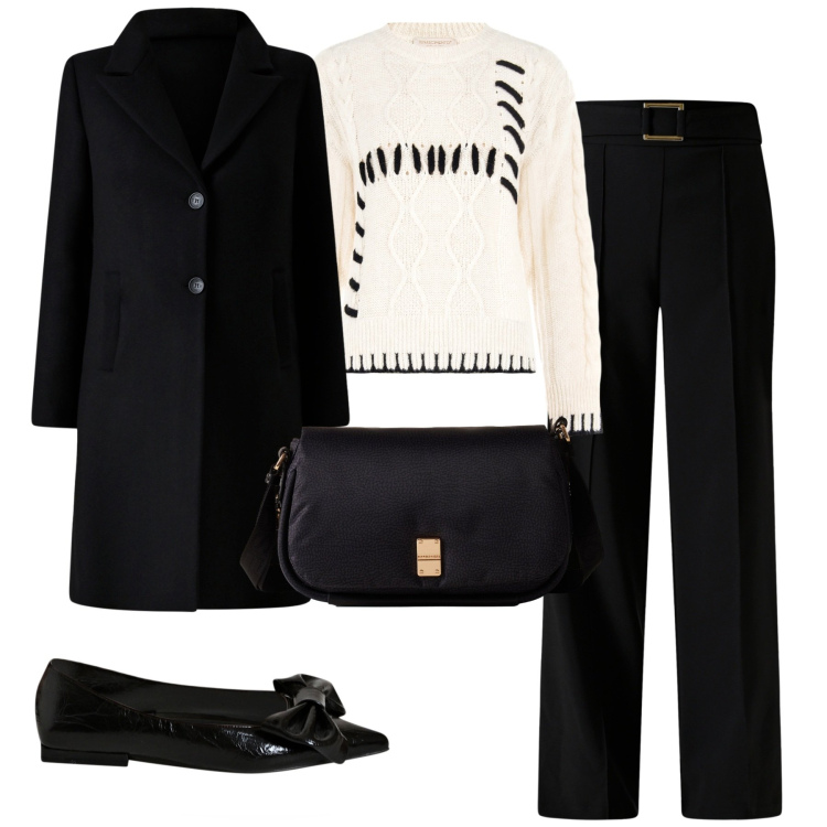 Outfit donna - City. Stile Minimal per Tutti i giorni. Abbinamento con pantaloni, ballerine, cappotti, maglieria, borse a tracolla.
