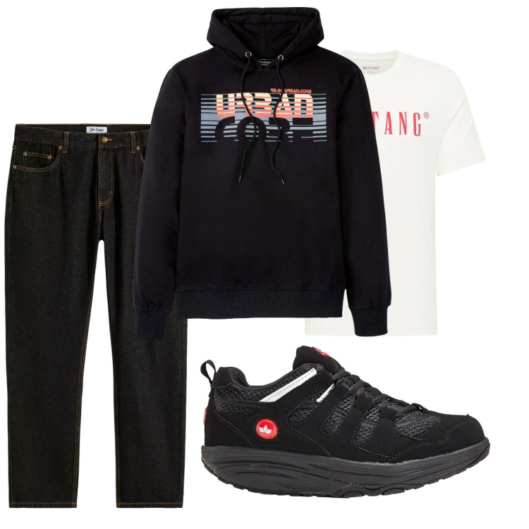 Outfit uomo - Total look #2276369. Stile Casual per Tutti i giorni. Abbinamento con jeans dritti, felpe con cappuccio, sneakers, t-shirt.