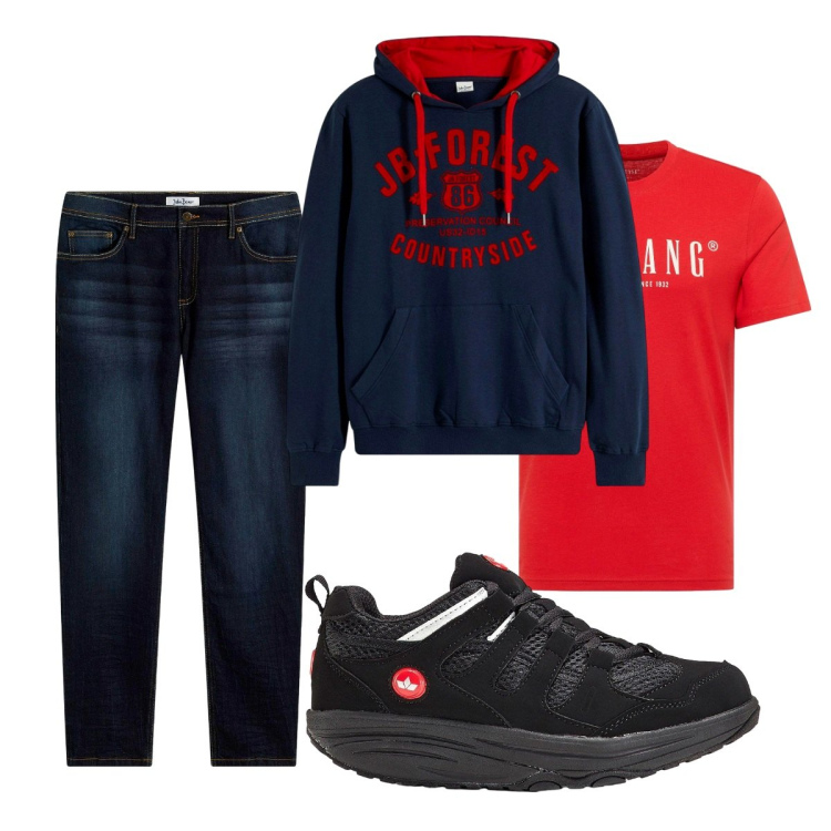 Outfit uomo - Total look #2276370. Stile Casual per Tutti i giorni. Abbinamento con felpe con cappuccio, jeans slim fit, t-shirt, sneakers.