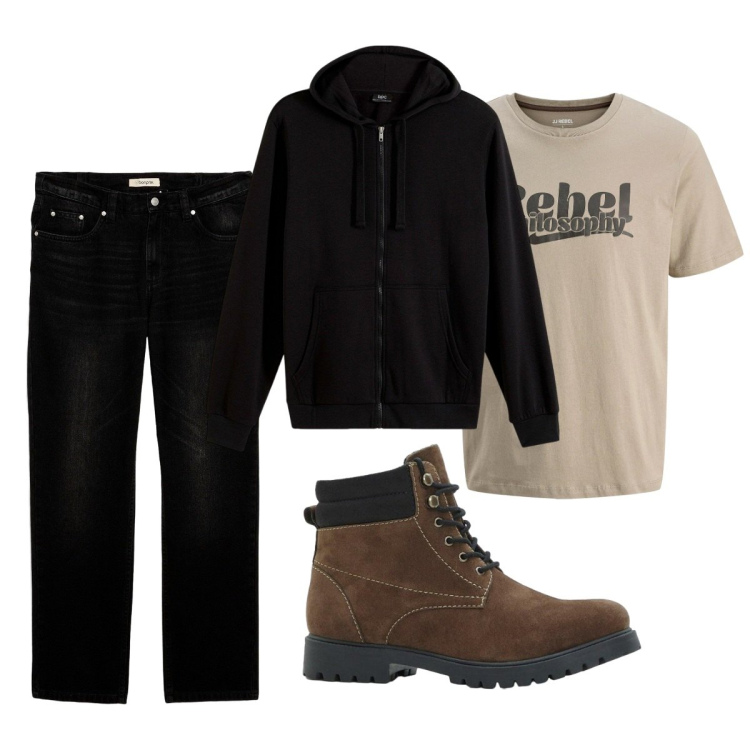 Outfit uomo - Total look #2276371. Stile Casual per Tutti i giorni. Abbinamento con felpe con cappuccio, t-shirt, jeans, stivali e stivaletti.