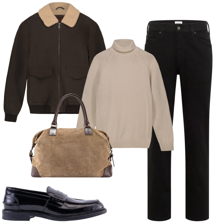 Outfit uomo - Ottobre. Stile Urban per Tutti i giorni. Abbinamento con jeans dritti, borse sportive, scarpe stringate, pullovers, bomber.