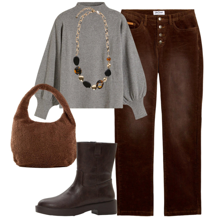 Outfit donna - Ottobre. Stile Casual chic per Tutti i giorni. Abbinamento con maglieria, pantaloni, stivaletti, shopping bag, collane.